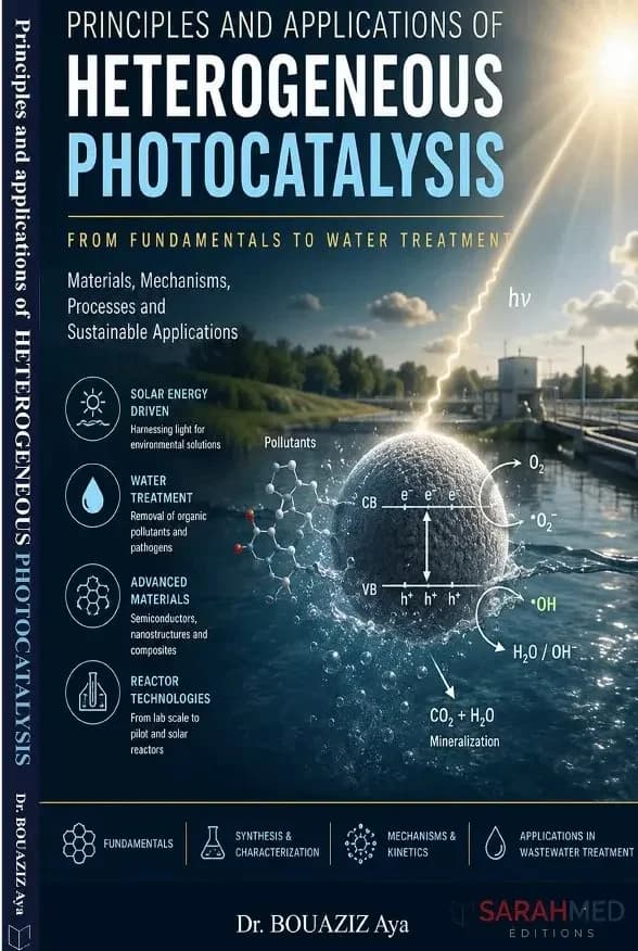 Book cover for Principles and Applications of Heterogeneous Photocatalysis: From Fundamentals to Water Treatment by Dr. Bouaziz Aya. A water-treatment plant under bright sunlight frames a photocatalytic sphere in water, with band-gap and reactive-species diagrams. Side icons highlight solar energy, water treatment, advanced materials, and reactor technologies. Dark blue scientific design with SARAHMED Éditions branding