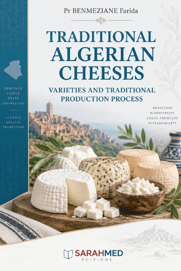 Couverture du livre « Traditional Algerian Cheeses: Varieties and Traditional Production Process » de Pr Benmeziane Farida. Sur fond clair aux tons bleu turquoise, plusieurs fromages traditionnels algériens sont disposés sur une planche en bois, entourés de branches d’olivier et d’éléments évoquant le patrimoine algérien. Le logo Sarahmed Éditions apparaît en bas de la couverture.
